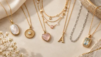 Kendra Scott Necklace collection featuring elegant gold and silver pendant necklaces with colorful gemstones on a beige marble background.