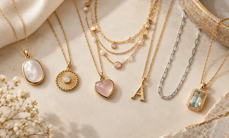 Kendra Scott Necklace collection featuring elegant gold and silver pendant necklaces with colorful gemstones on a beige marble background.