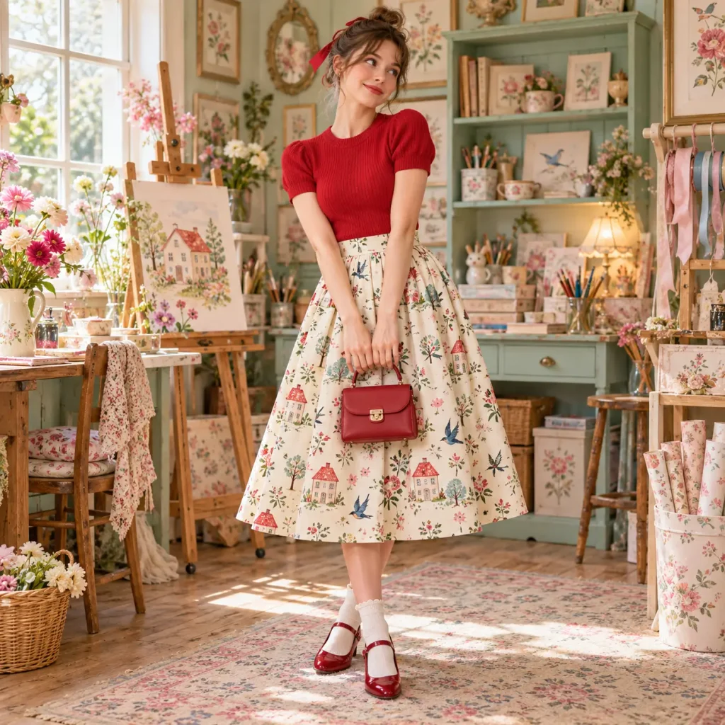 Woman wearing a novelty print midi skirt with a solid red knit top and red Mary Jane shoes