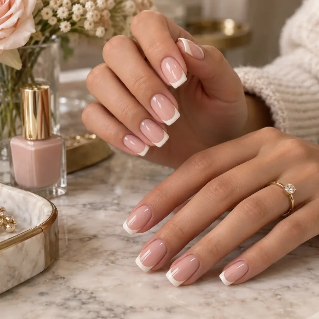 Classic nude French tip nails with a sheer pink base and clean white tips
