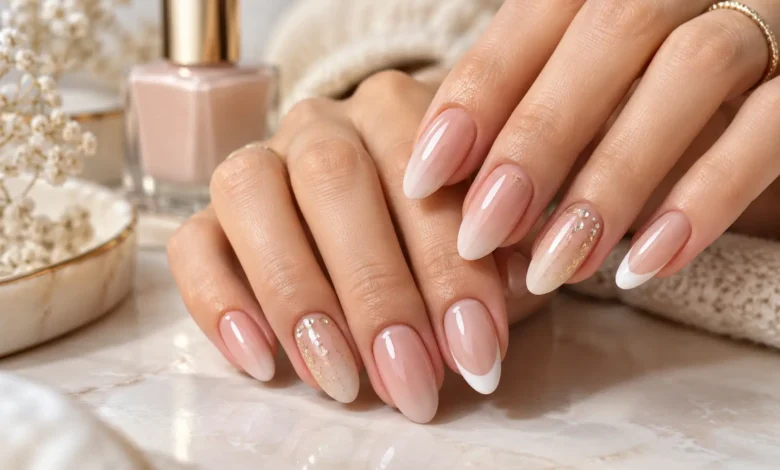 Elegant nude nails featuring French tips, soft pink shades, and delicate gold glitter accents