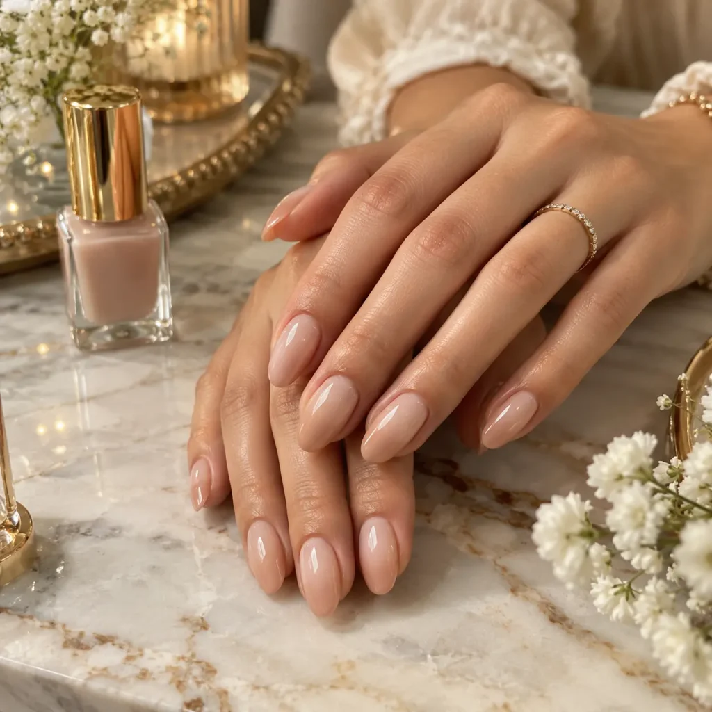 Soft nude ombre nails with a subtle pink to beige gradient and glossy almond finish