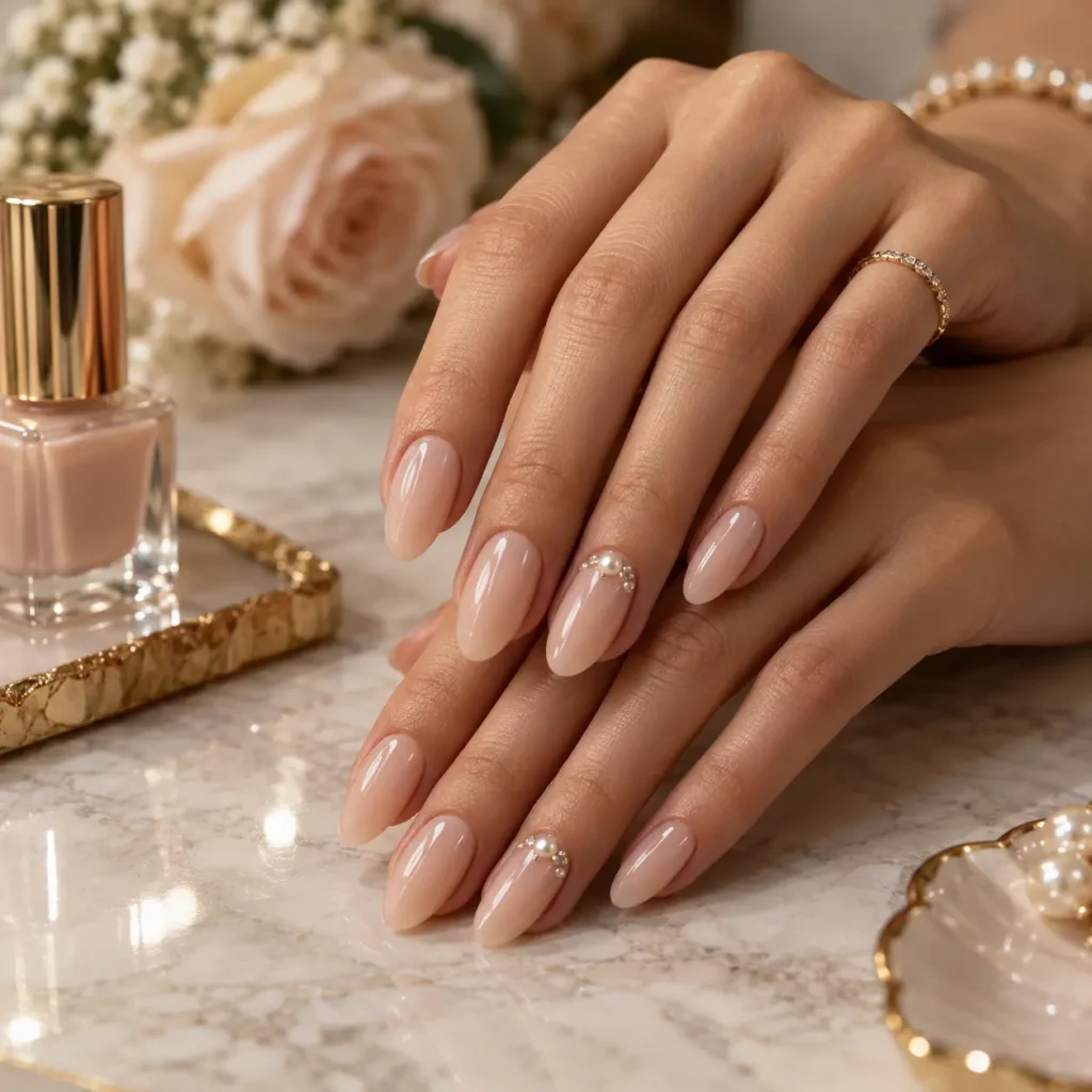Elegant nude nails with tiny pearl embellishments and delicate crystal accents near the cuticles