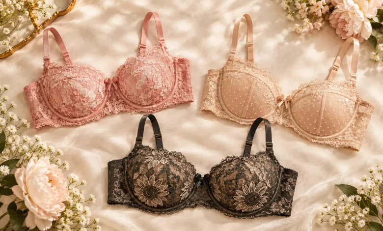 Old Navy women's lace balconette bra styles in pink floral lace, beige mesh-dot, and dark sunflower lace displayed on soft cream fabric with flowers.
