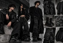 Opium style outfit ideas featuring black streetwear, leather jackets, chunky boots, distressed jeans and silver accessories