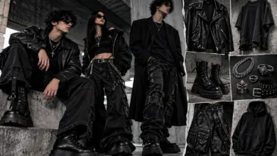 Opium style outfit ideas featuring black streetwear, leather jackets, chunky boots, distressed jeans and silver accessories