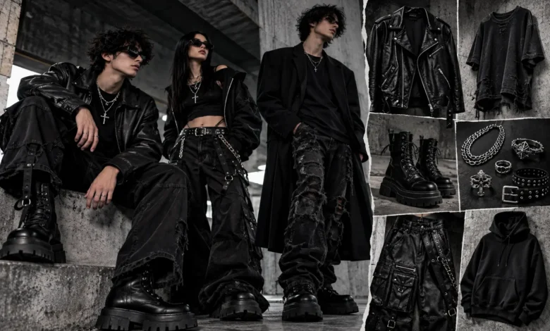 Opium style outfit ideas featuring black streetwear, leather jackets, chunky boots, distressed jeans and silver accessories