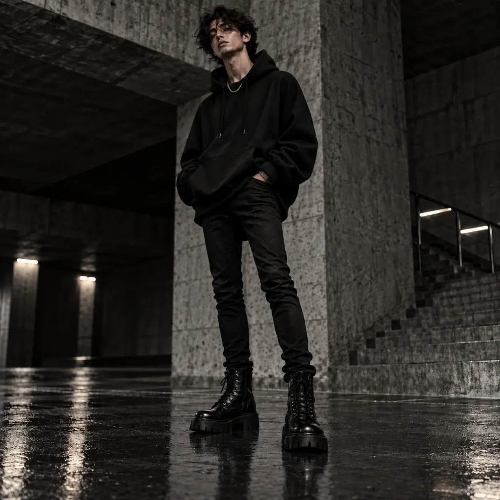 Oversized black hoodie styled with slim black pants and chunky boots for an Opium streetwear look