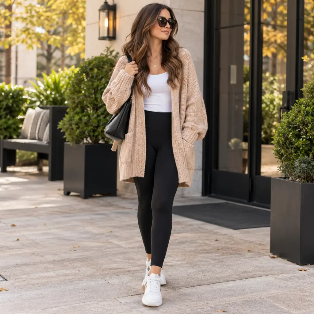 Woman styling an oversized beige knit cardigan with black leggings, a fitted white top, and white sneakers for a casual fall outfit.