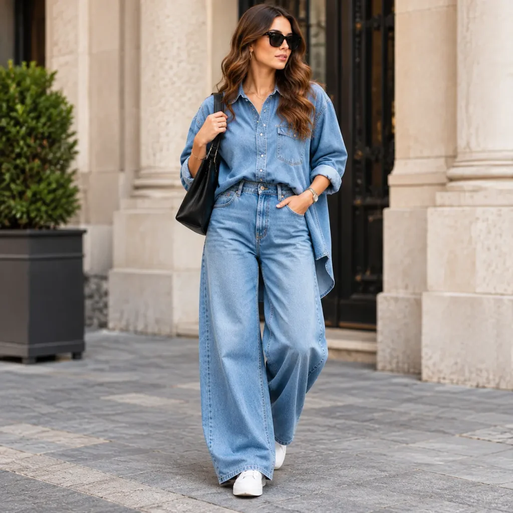 Woman wearing an oversized light blue denim shirt with wide-leg jeans, white sneakers, and a black shoulder bag