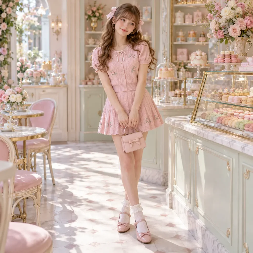 Woman wearing a pastel pink knit top and matching skirt with ribbon hair bows and Mary Jane shoes