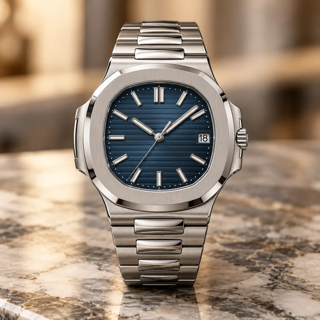 Patek Philippe Nautilus luxury stainless steel watch with a blue horizontal-pattern dial, rounded octagonal case, and integrated bracelet.