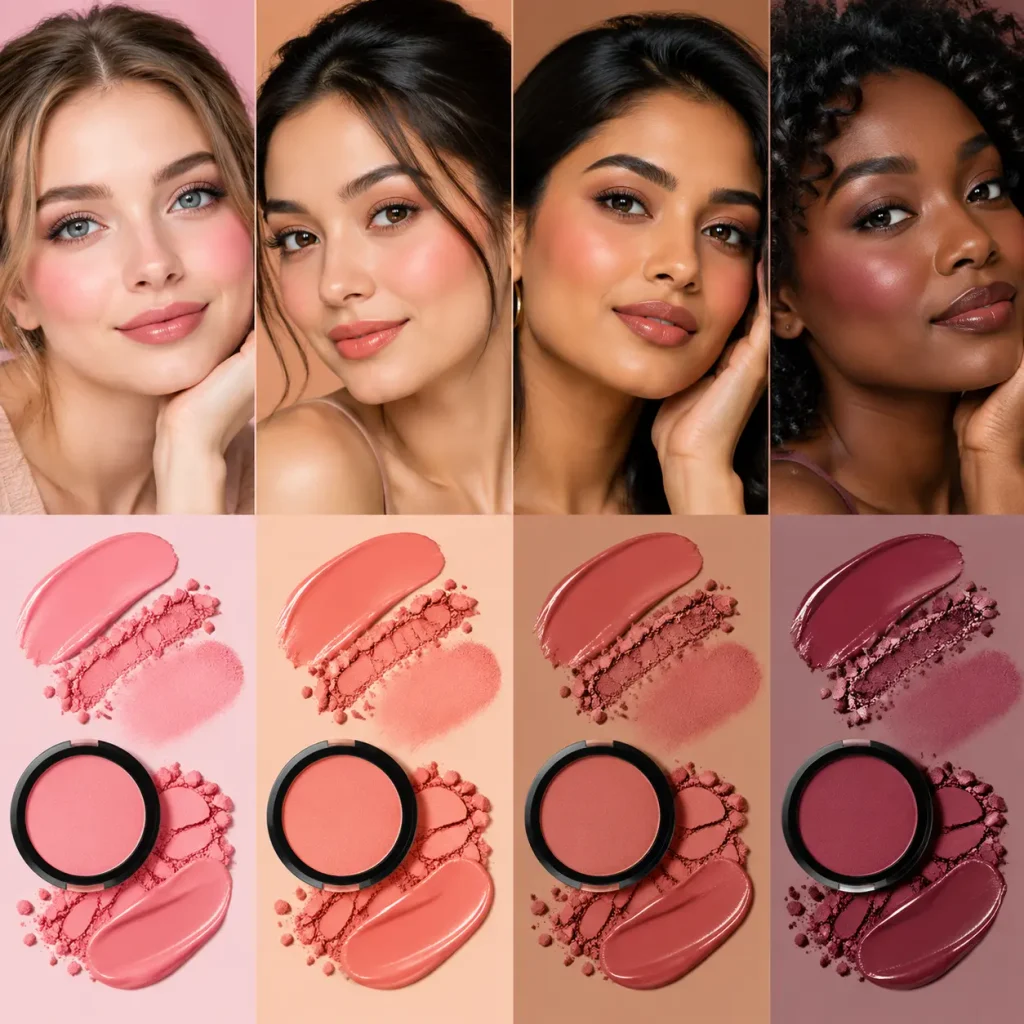 Four women with different skin tones wearing flattering pink, peach, terracotta, and berry blush shades.