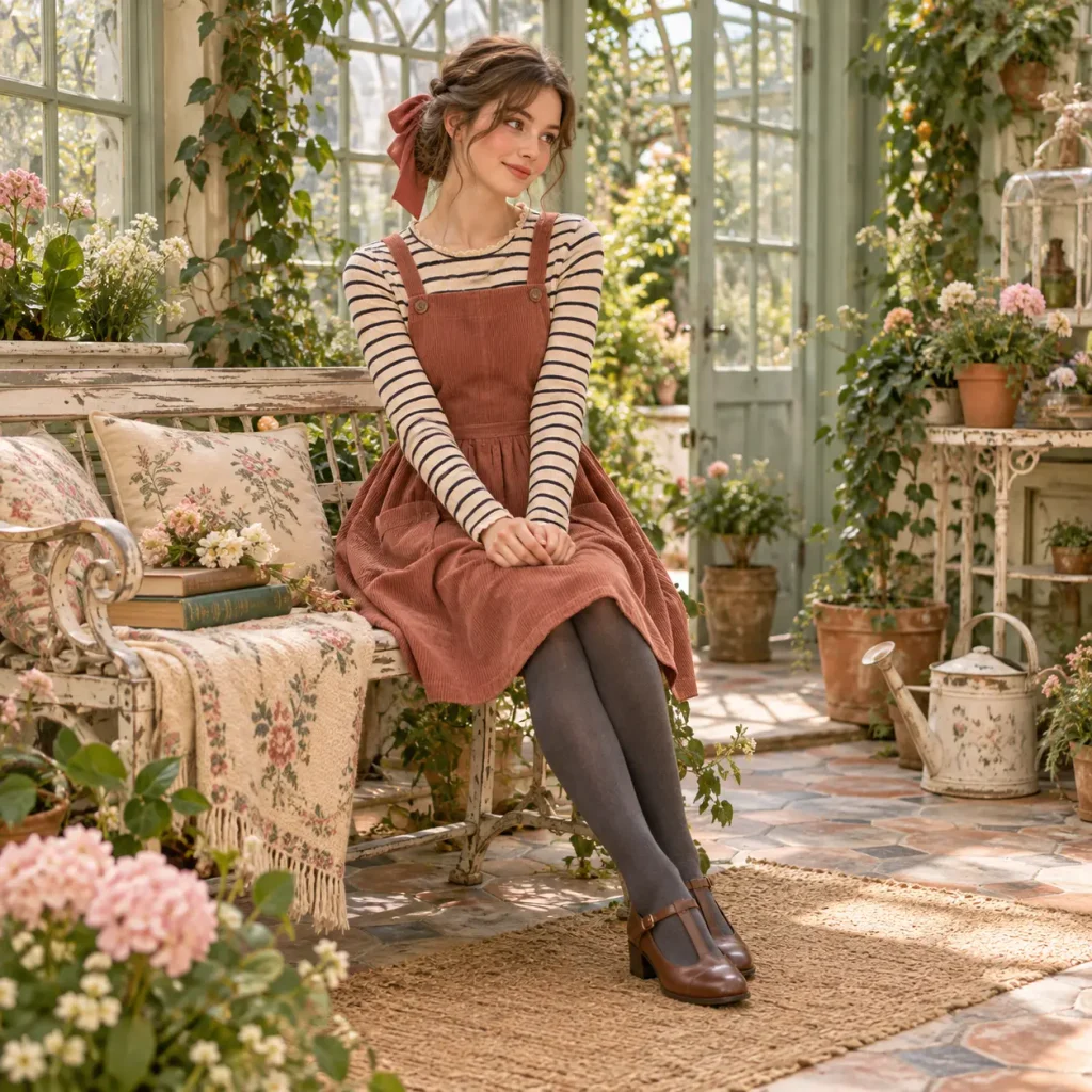 Woman wearing a corduroy pinafore dress over a striped long-sleeve tee with tights and Mary Jane shoes