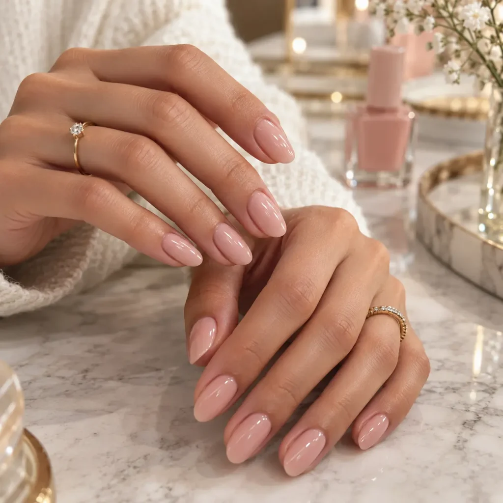 Beautiful pink nude nails with a glossy blush pink manicure and elegant almond shape