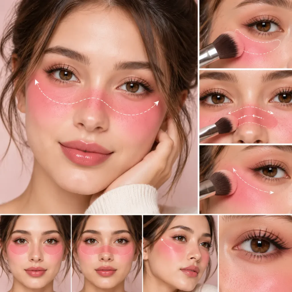 Step-by-step Igari blush placement guide showing pink blush applied under the eyes and across the nose bridge.