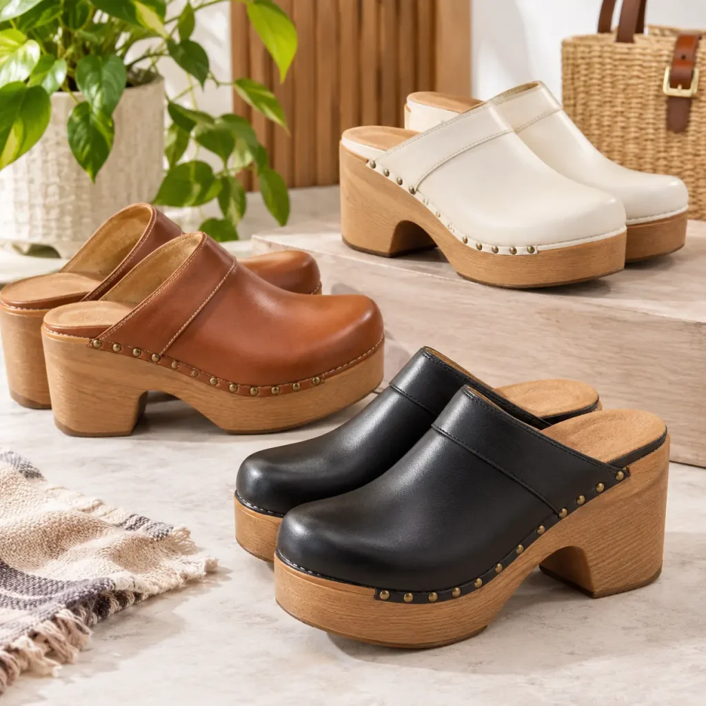 Women's platform clogs in black, tan, and cream with chunky wood-look soles and stylish studded details.