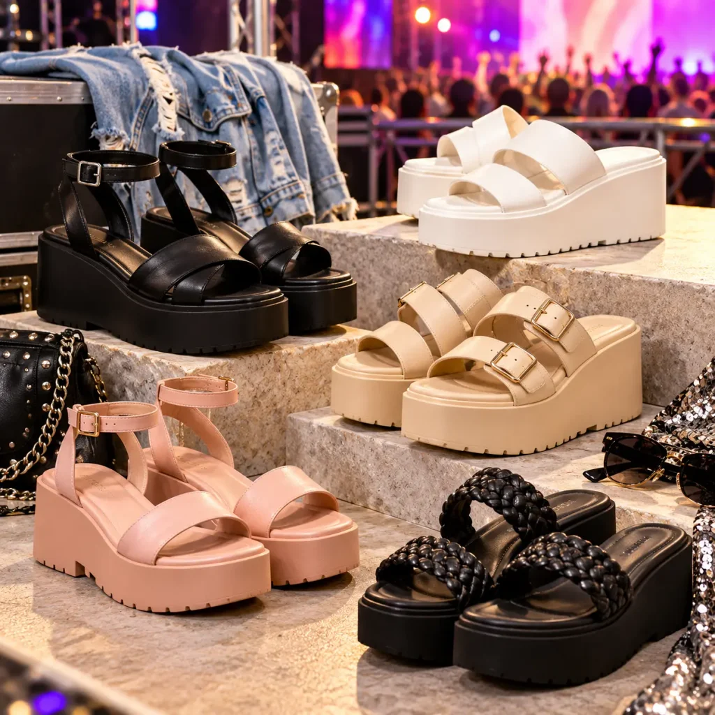 Trendy women's platform and flatform sandals in black, white, beige, and pink for concerts and nights out