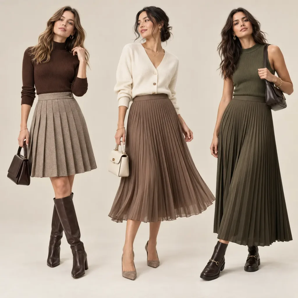 Three women wearing pleated skirts in different lengths, featuring taupe, mocha and olive green designs