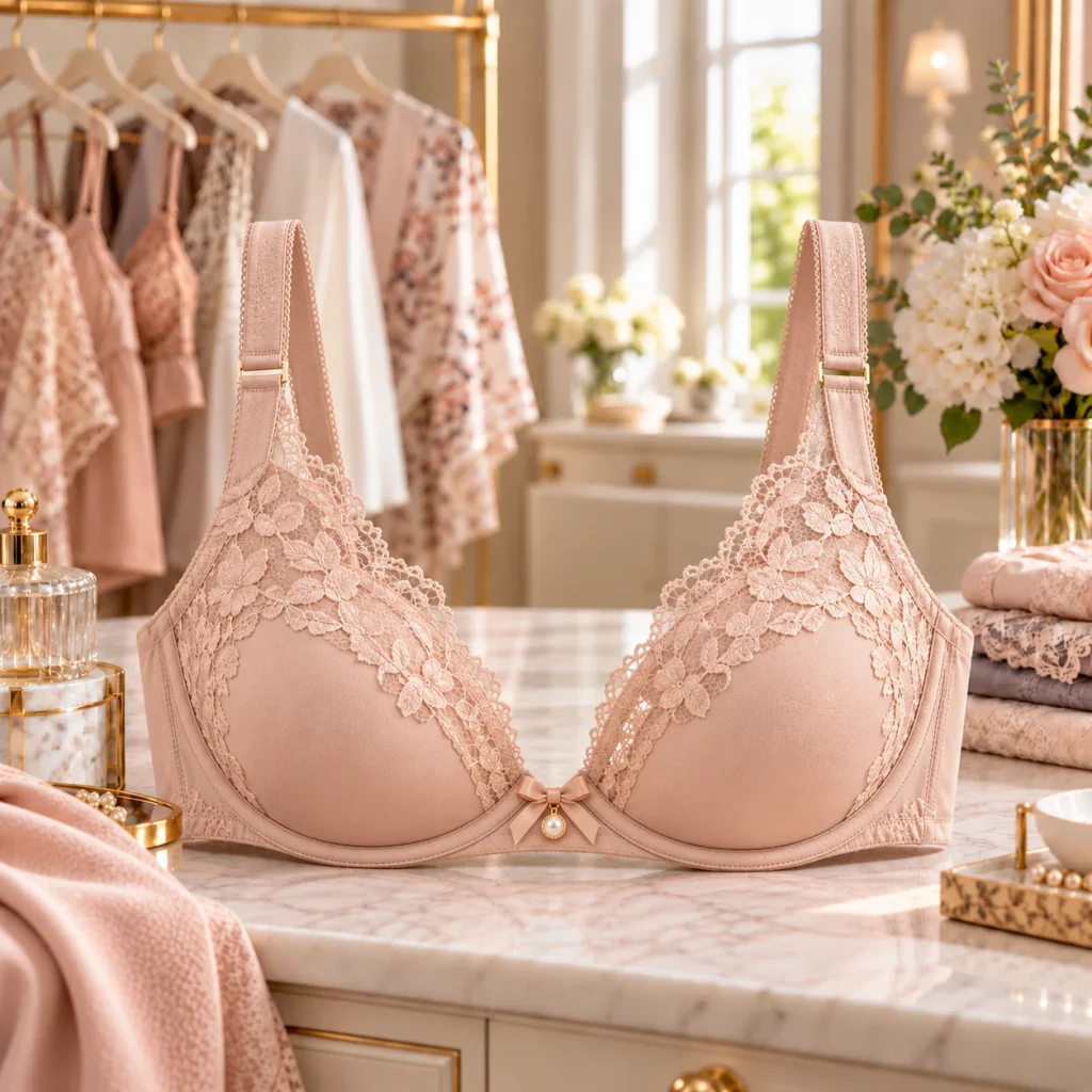 Blush lace plunge bra with deep V neckline and centered support