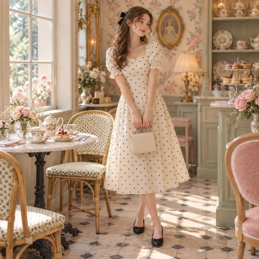 Woman wearing a cream polka dot midi dress with black ballet flats in a vintage tea room