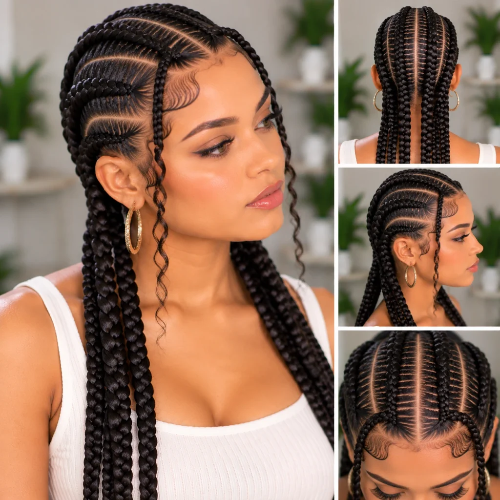 Pop Smoke braids hairstyle on a woman with symmetrical cornrows