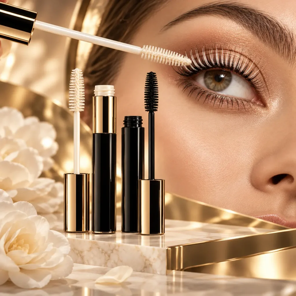 Applying white lash primer to upper eyelashes before mascara