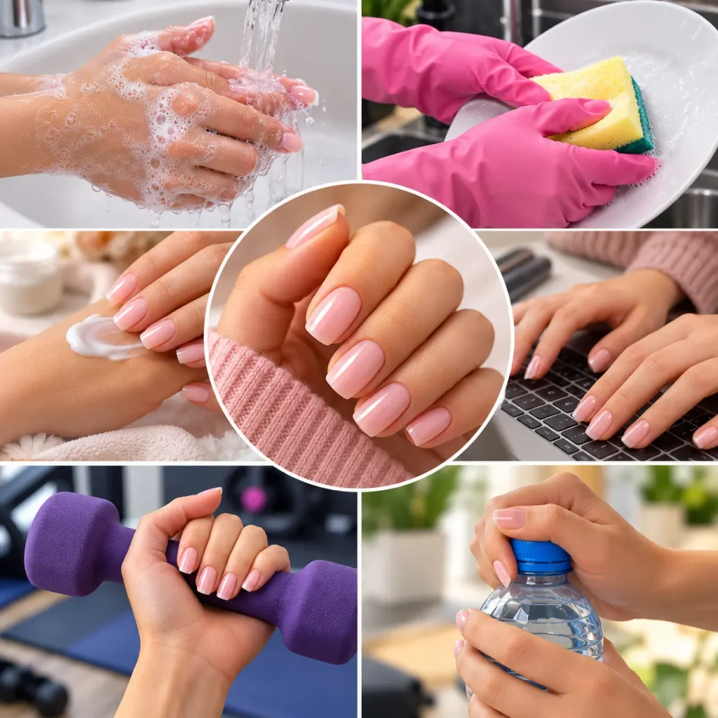 Collage showing everyday nail care activities to protect and maintain pink press-on nails