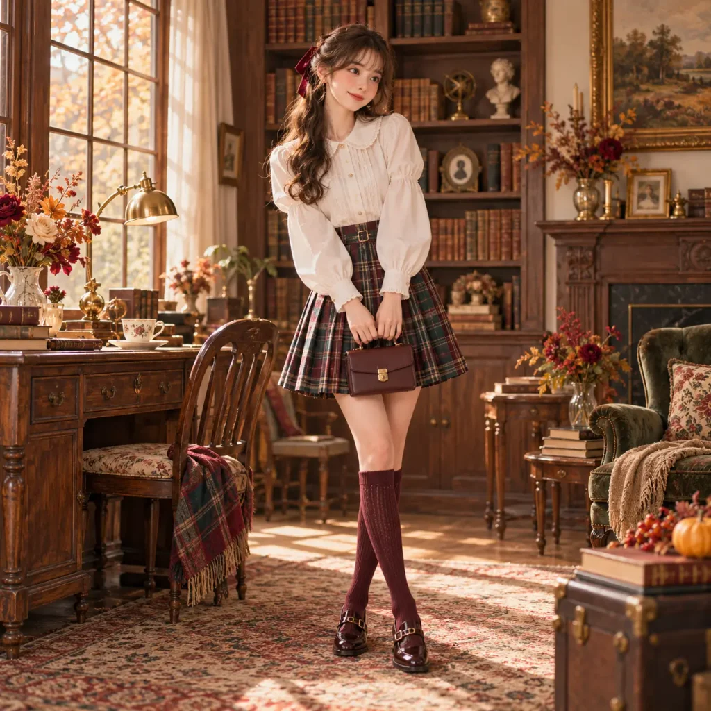 Woman wearing a white puff-sleeve blouse with a plaid pleated skirt, knee-high socks, and loafers