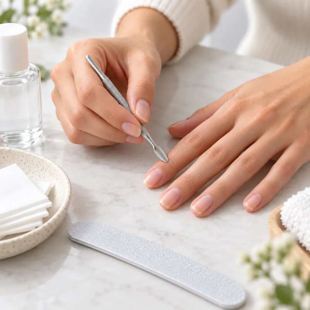 Woman gently pushing back nail cuticles with a metal cuticle pusher before a manicure