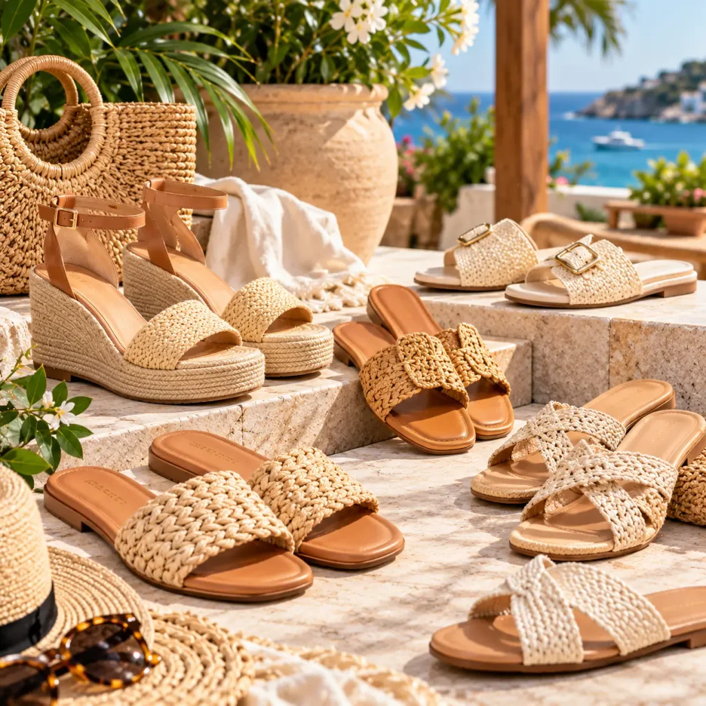 Women's raffia and woven sandals in natural beige and tan shades displayed on a sunny coastal terrace