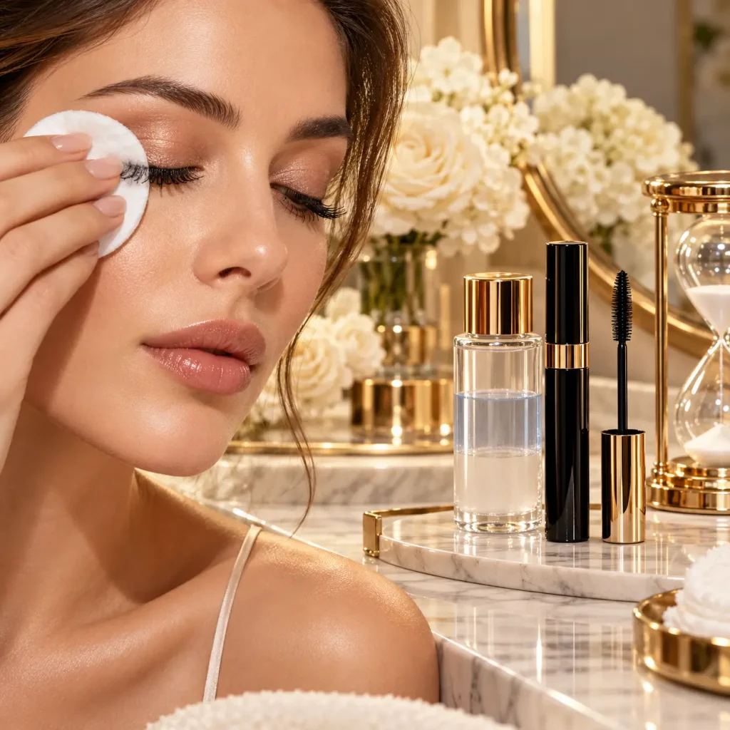 Gently removing eye makeup with a cotton pad beside mascara and eye makeup remover