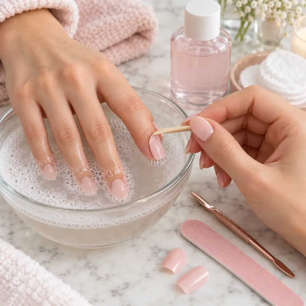 Woman gently loosening press-on nails after soaking her fingers in warm soapy water
