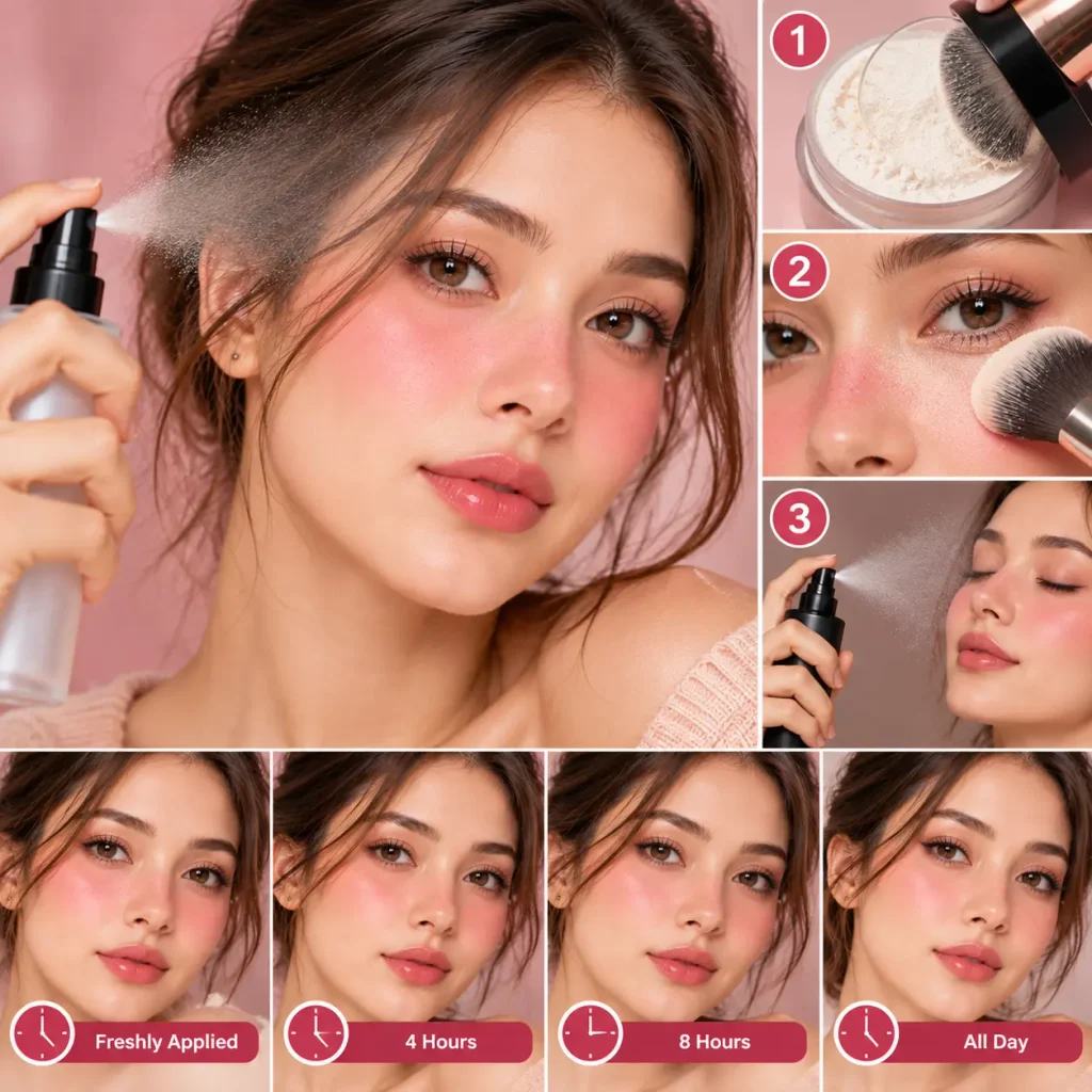 Woman using setting spray and face powder to maintain a fresh, long-lasting Igari blush look throughout the day.