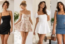 Four women wearing black, floral, white, and denim short dresses in different chic styles.