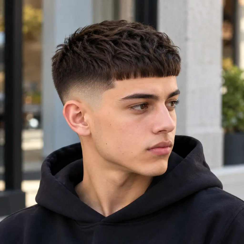 Short Edgar haircut for men featuring a compact textured top, straight fringe and clean faded sides