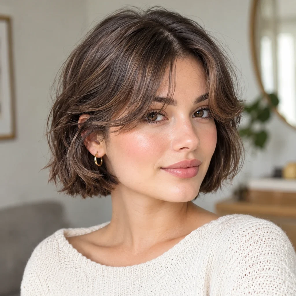Woman with a short, layered brown bob haircut and soft curtain bangs framing her face.