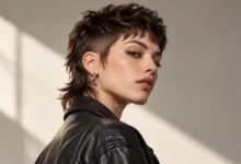 Young woman with a modern short mullet haircut featuring short sides, textured top, and a slightly longer back