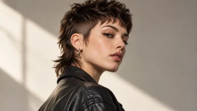 Young woman with a modern short mullet haircut featuring short sides, textured top, and a slightly longer back