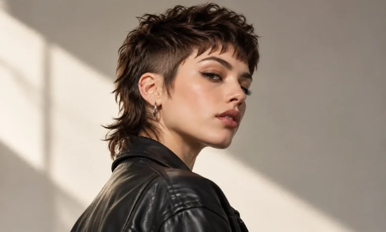 Young woman with a modern short mullet haircut featuring short sides, textured top, and a slightly longer back
