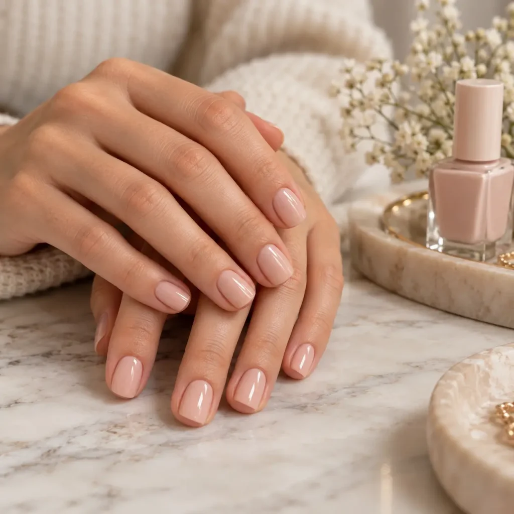 Short nude nails with a glossy beige pink polish and neat rounded square shape