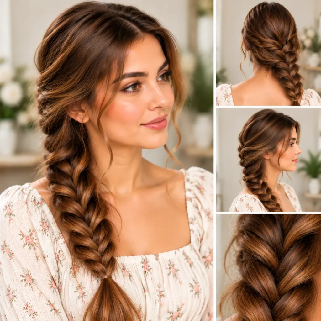 Side braid hairstyle draped over one shoulder