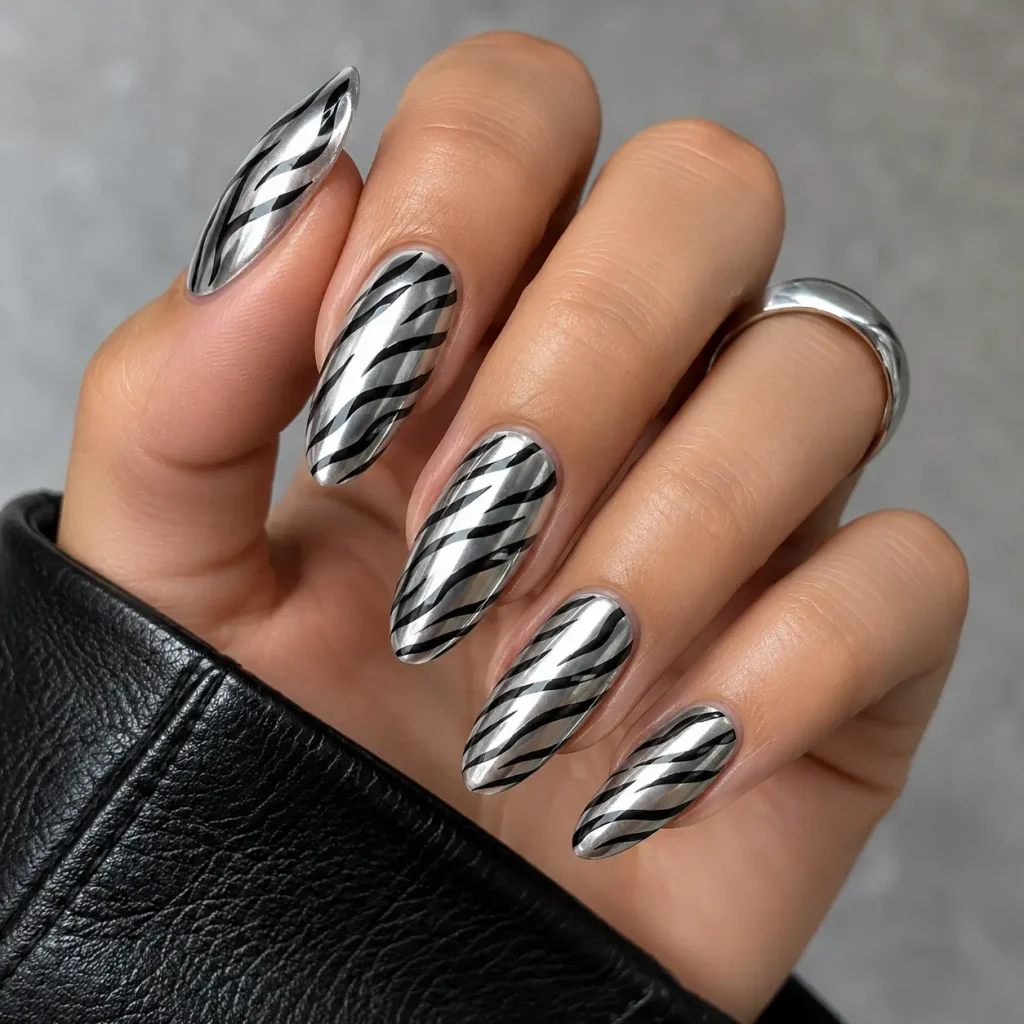 Silver chrome zebra print nails with glossy metallic finish and black stripes on long almond-shaped nails.