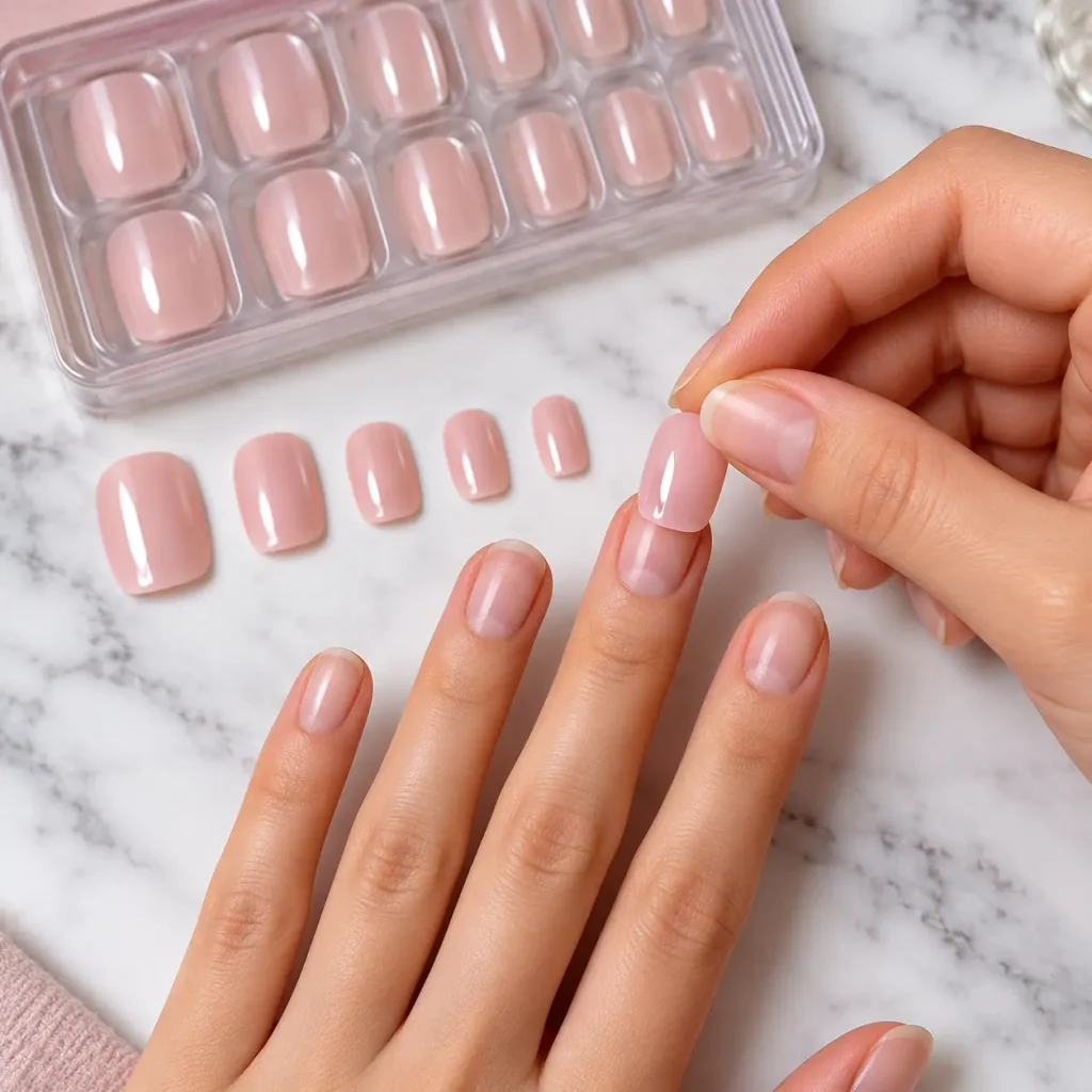 Woman checking the size of a pink press-on nail before applying it to her natural nail