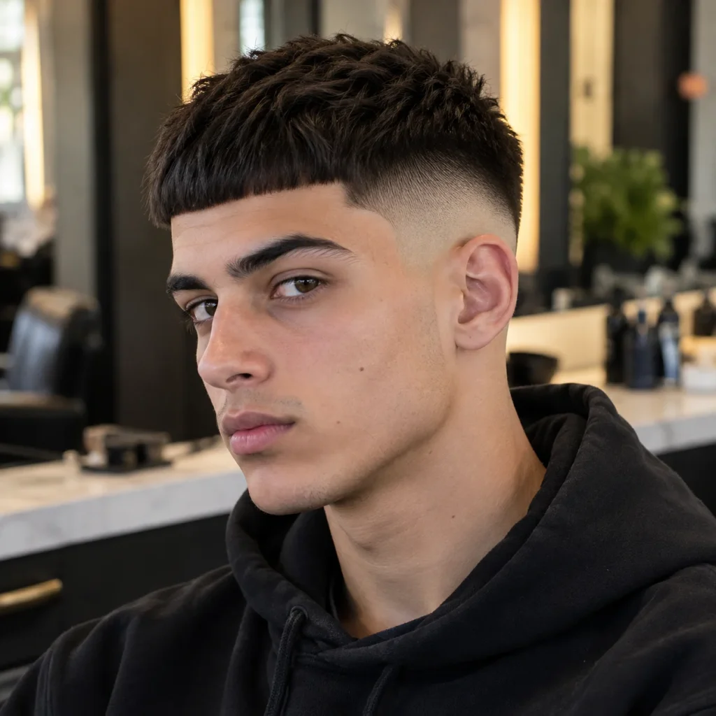 Young man with skin fade Edgar haircut featuring a sharp straight fringe, dark textured top and close shaved sides