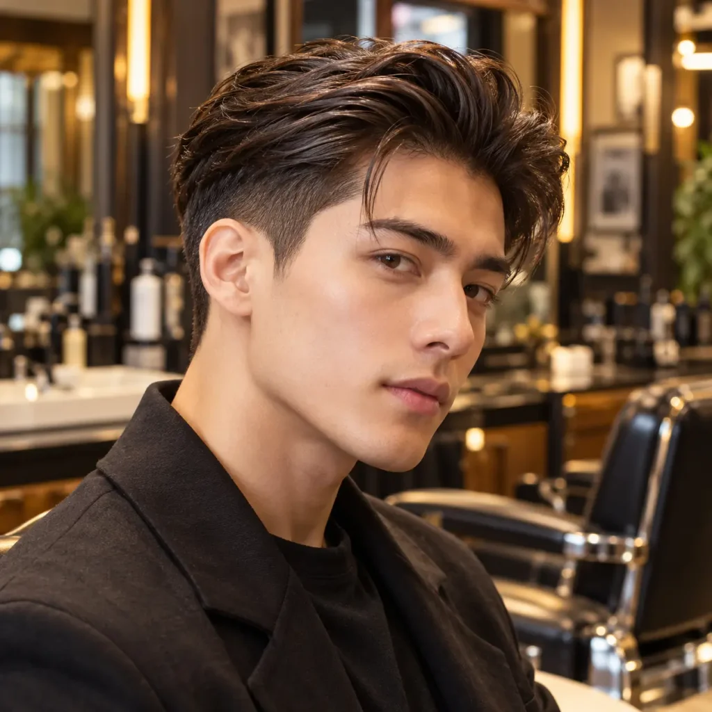 Slicked-back two block haircut for men with a voluminous quiff, swept-back hair and short tapered sides