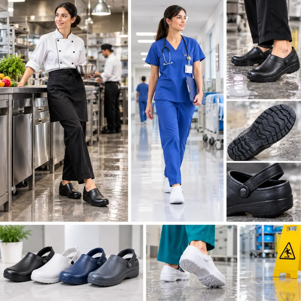 Slip-resistant work clogs with textured outsoles for improved grip in kitchens, clinics, and hospital environments.