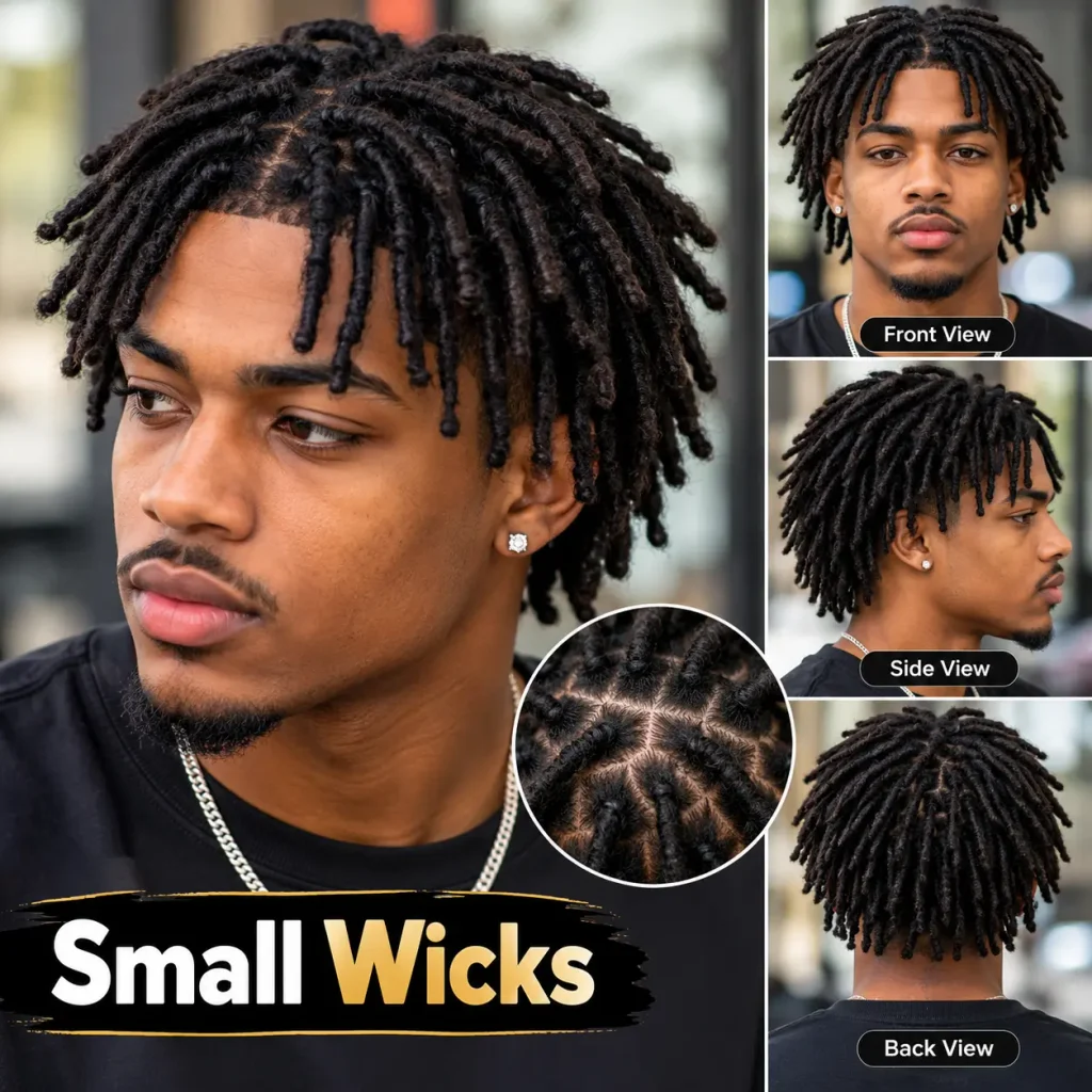 Young Black man with small wicks hairstyle showing neat, short locs from front, side and back views