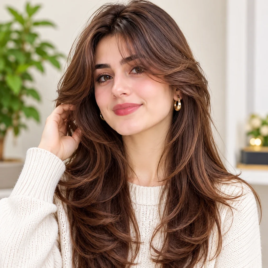 Woman with soft classic curtain bangs and long layered brown hair