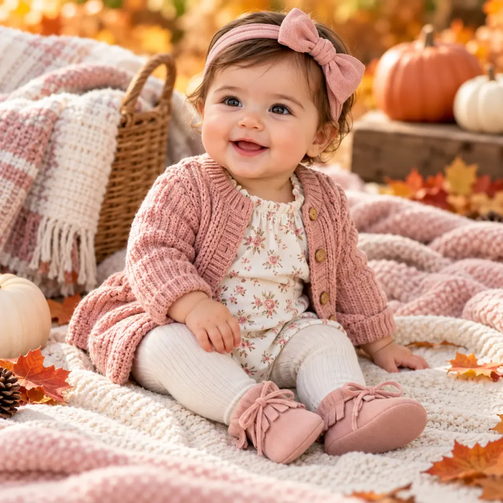 Baby girl wearing a pink knit cardigan, floral romper and blush moccasins for fall